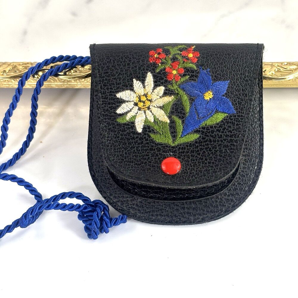 Vintage Small Faux Leather Crossbody Handbag Purse Blue Red Floral Cottagecore